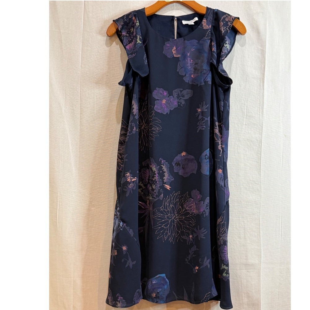 Katherine Barclay Montreal Navy‎ Floral Flutter Sleeve Shift Dress Size 6 Purple